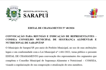 CONVOCAÇÃO PARA REUNIÃO E INDICAÇÃO DE REPRESENTANTES – COMSEA CONSELHO MUNICIPAL DE SEGURANÇA ALIMENTAR E NUTRICIONAL DE SARAPUÍ/SP 