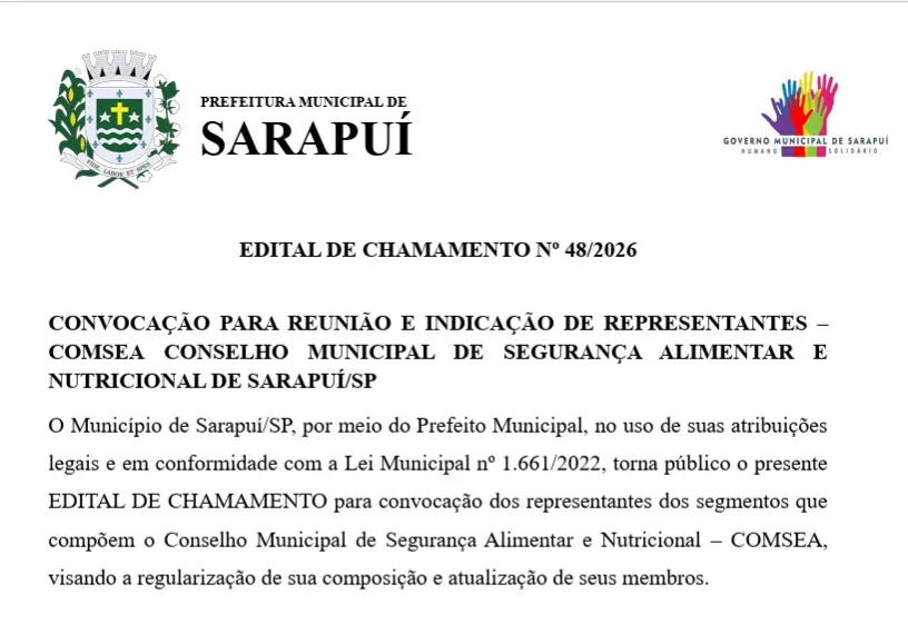 CONVOCAÇÃO PARA REUNIÃO E INDICAÇÃO DE REPRESENTANTES – COMSEA CONSELHO MUNICIPAL DE SEGURANÇA ALIMENTAR E NUTRICIONAL DE SARAPUÍ/SP 